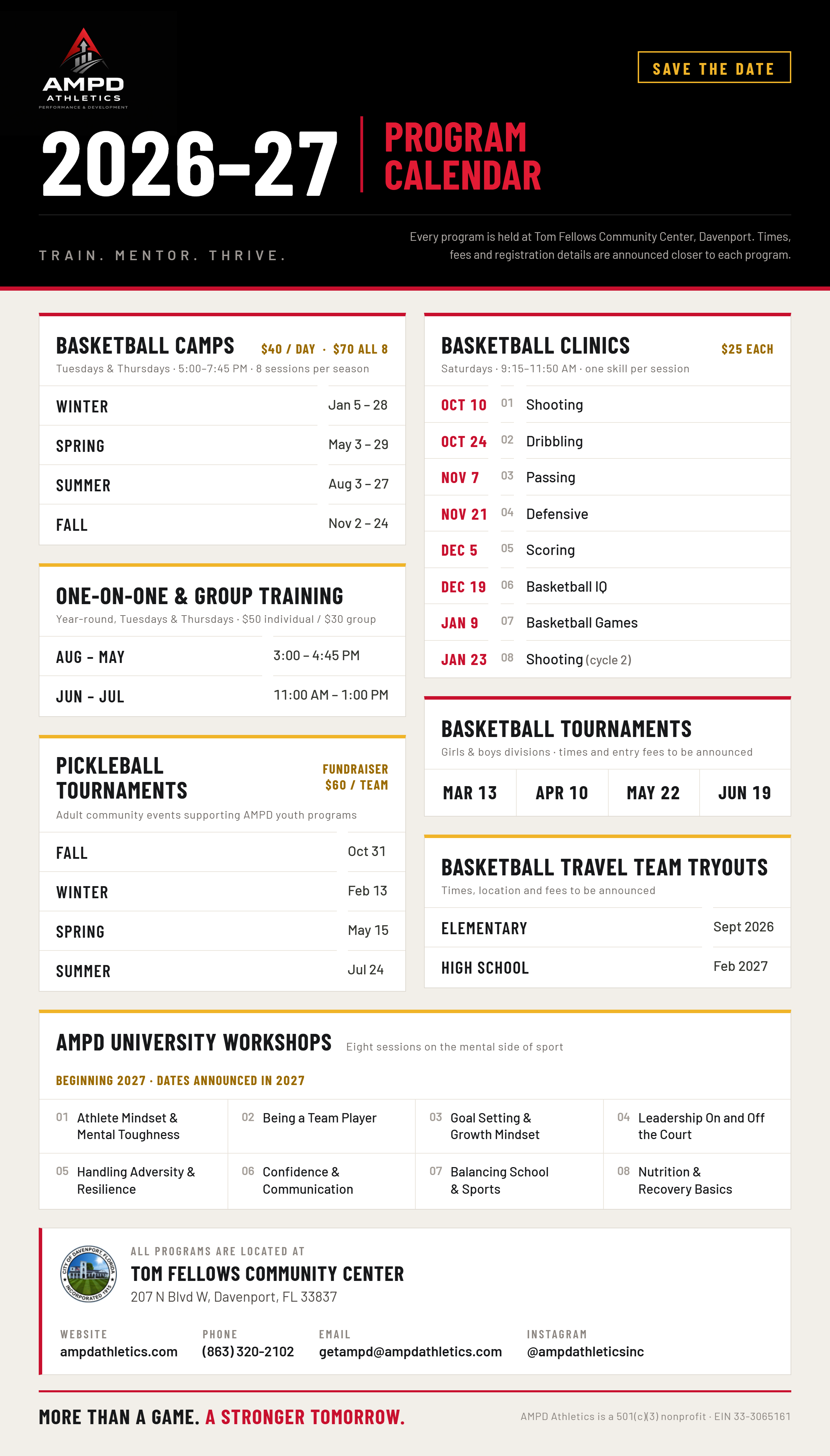 AMPD Athletics 2026-27 Program Calendar — camps, clinics, pickleball tournaments, basketball tournaments, travel team tryouts, and workshops