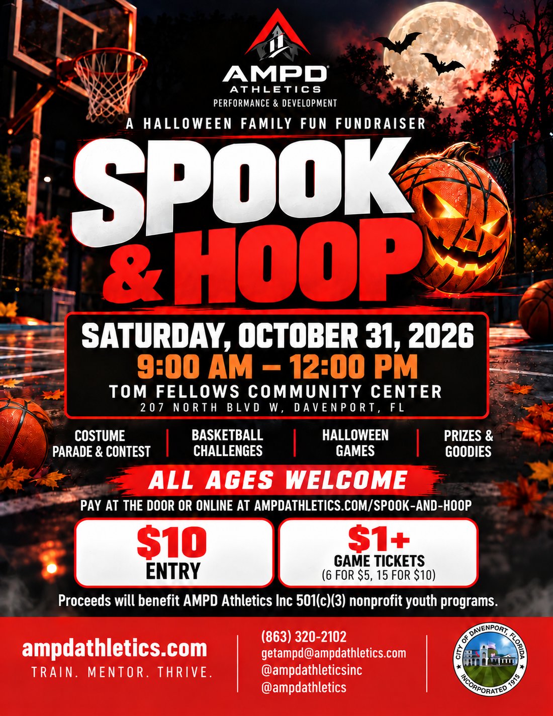 Spook & Hoop Halloween Family Fun Fundraiser flyer — Saturday, October 31, 2026, 9 AM to 12 PM at Tom Fellows Community Center, Davenport, FL